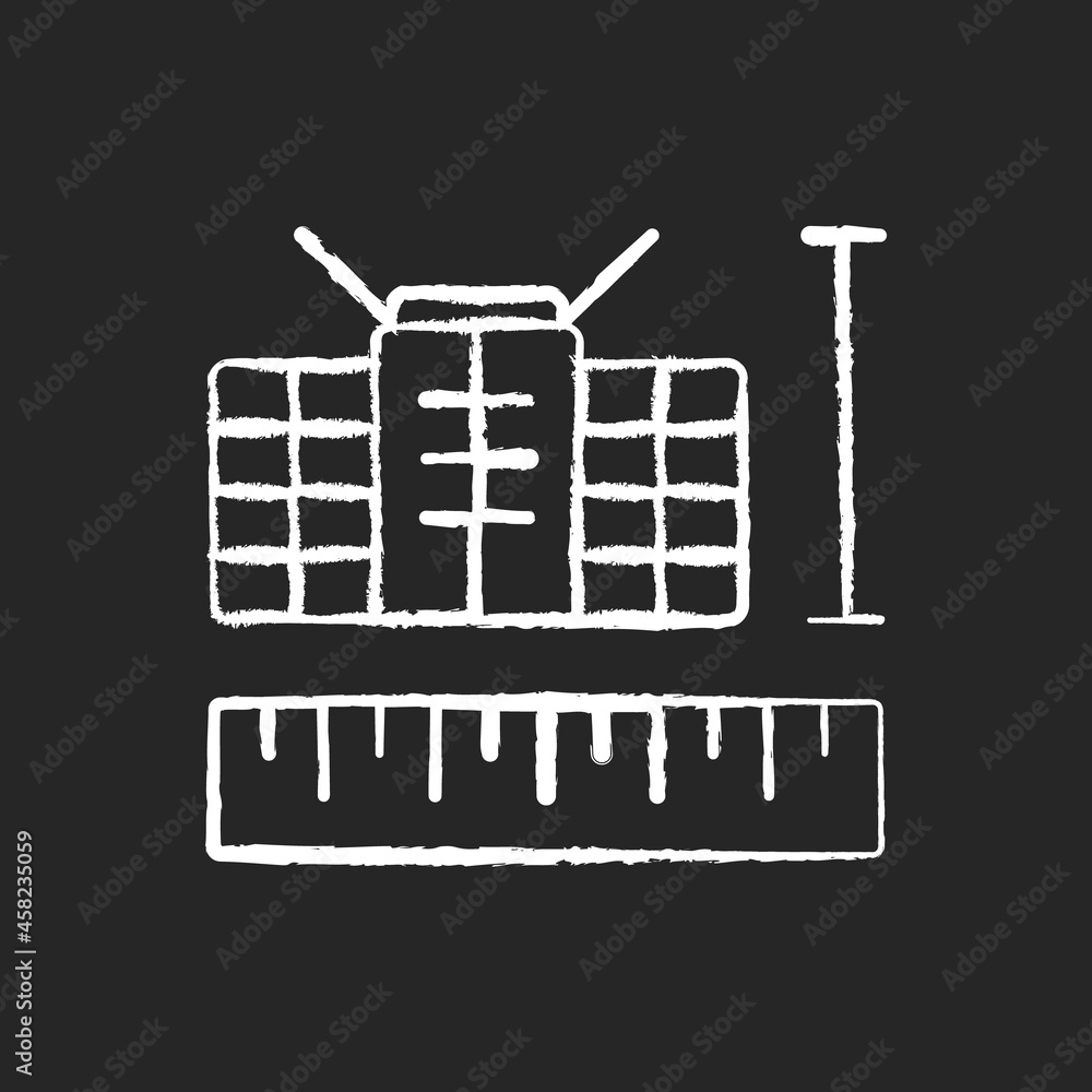 Nano Satellites chalk white icon on dark background. Cube-shaped artificial modern satelites. Low mass, size science innovative spacecrafts. Isolated vector chalkboard illustration on black