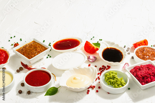 Set of different sauces - ketchup  mayonnaise  barbecue  soy  chutney  wasabi  adjika  horseradish