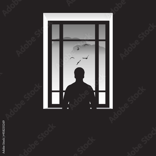 Man silhouette in window with birds and clouds. Exit. Illustration of a man in depression. Psychology illustration.