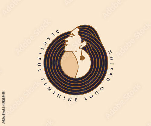 Hand drawn feminine woman beauty minimal face and floral botanical logo template for makeup spa salon skin & hair care line art portrait vector printable