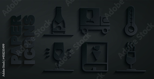 Set Book about grapes, Meteorology thermometer, Wine glass, tasting, degustation, truck and Champagne bottle icon. Vector