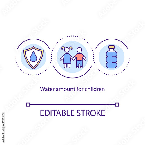 Fototapeta Naklejka Na Ścianę i Meble -  Water amount for kids concept icon. Child fluid balance. Liquid from food and beverages. Rehydration abstract idea thin line illustration. Vector isolated outline color drawing. Editable stroke