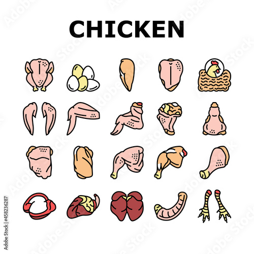 Chicken Animal Farm Raw Meat Food Icons Set Vector. Chicken Leg Quarter And Feet, Neck And Back, Wing And Drumstick Bird Body Parts, Heart And Liver Line. Farmland Production Color Illustrations