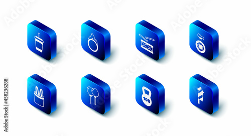 Set Circus fire hoop, Drum with drum sticks, Unicycle or one wheel bicycle, Firework rocket, Weight, Balloons ribbon, Magician hat and rabbit ears and Paper glass water icon. Vector