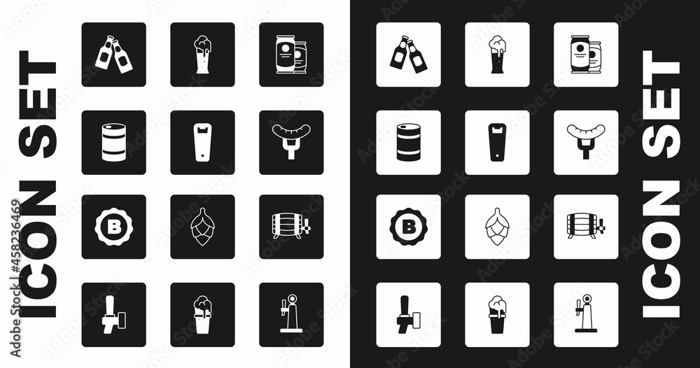 Set Beer can, Bottle opener, Metal beer keg, bottle, Sausage on the fork, Glass of, Wooden barrel and cap with icon. Vector Set Beer can, Bottle opener, Metal beer keg, bottle, Sausage on the fork, Glass of, Wooden barrel and cap with icon. Vector