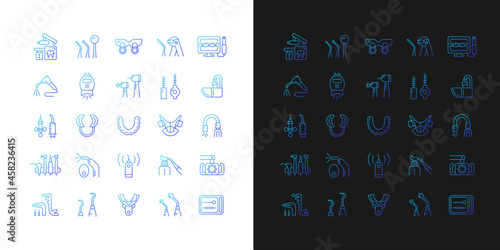 Dentistry tools and materials gradient icons set for dark and light mode. Dental procedures. Thin line contour symbols bundle. Isolated vector outline illustrations collection on black and white