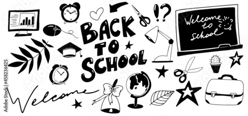 Back to school doodle set. Book, pen, notebook study element. Vector draw