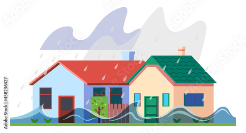 Rain storm flood and house, natural disaster