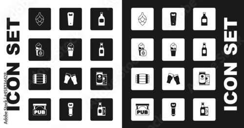 Set Beer bottle, Glass of beer, Hop, Bottle opener, can and Wooden barrel icon. Vector
