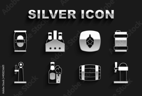 Set Beer bottle and glass, Metal beer keg, Dispenser, Wooden barrel, tap, Hop, can and Pack of bottles icon. Vector