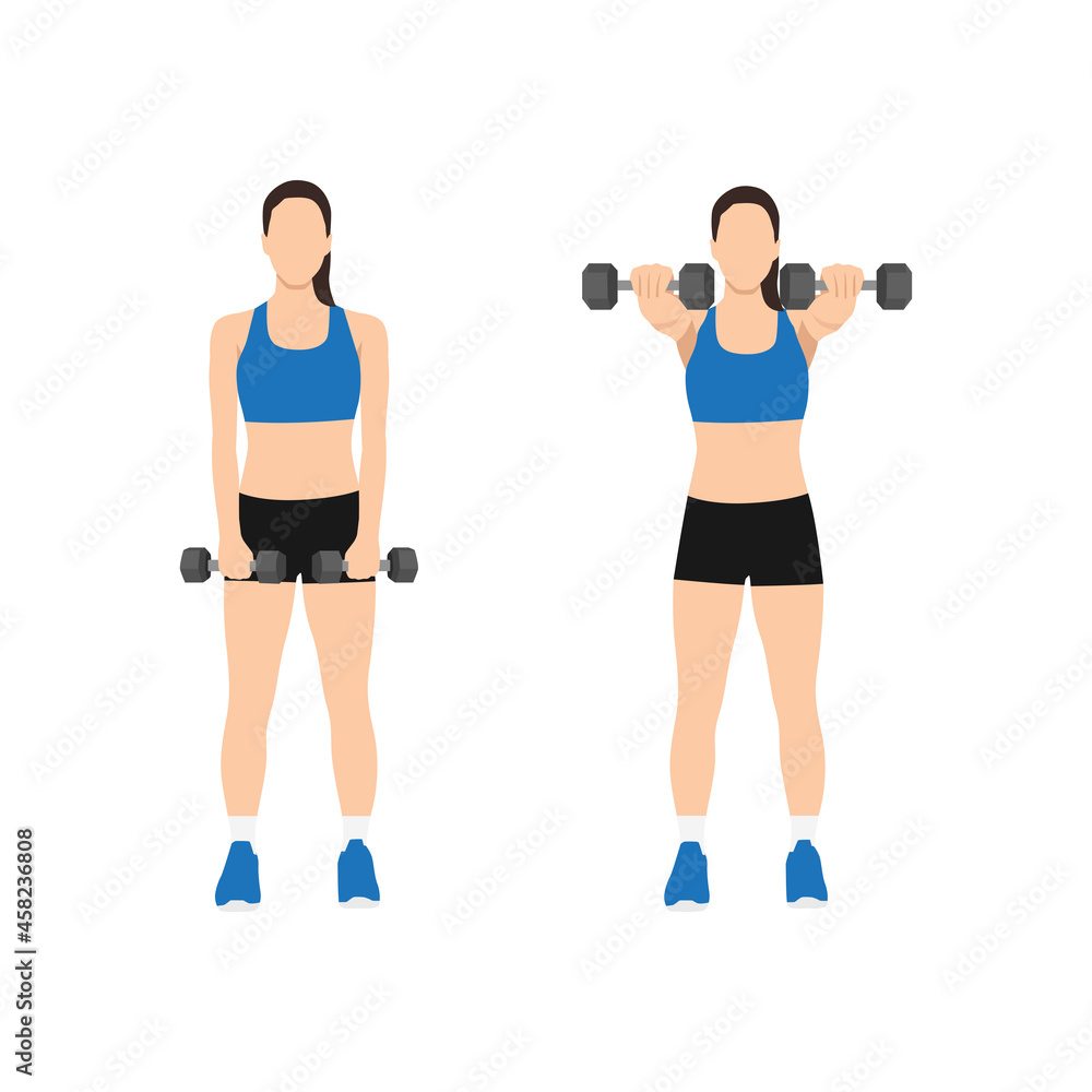 Woman doing Two arm dumbbell front shoulder raises exercise. Flat vector illustration isolated on white background Woman doing Two arm dumbbell front shoulder raises exercise. Flat vector illustration isolated on white background