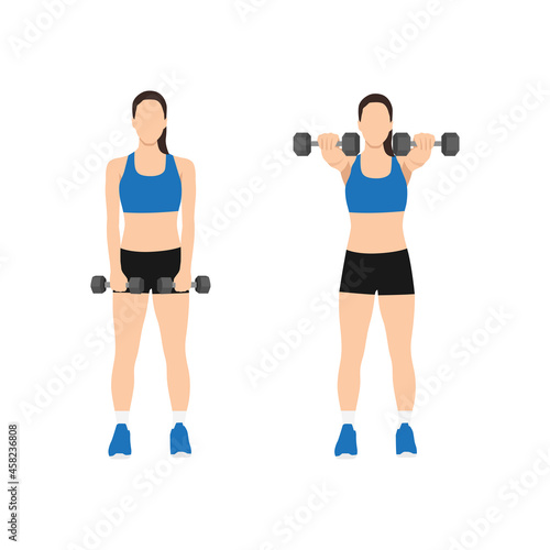 Woman doing Two arm dumbbell front shoulder raises exercise. Flat vector illustration isolated on white background