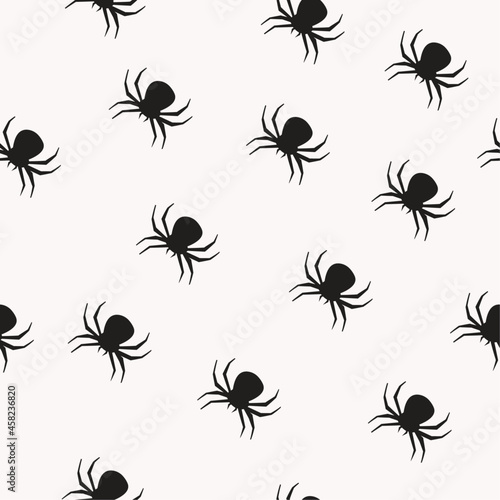 Black spiders seamless wallpaper. Vector and white background.