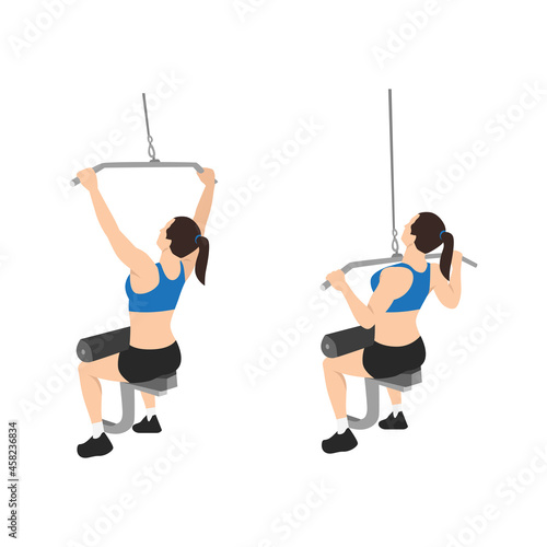 Woman doing seated lat pulldowns flat vector illustration isolated on white background