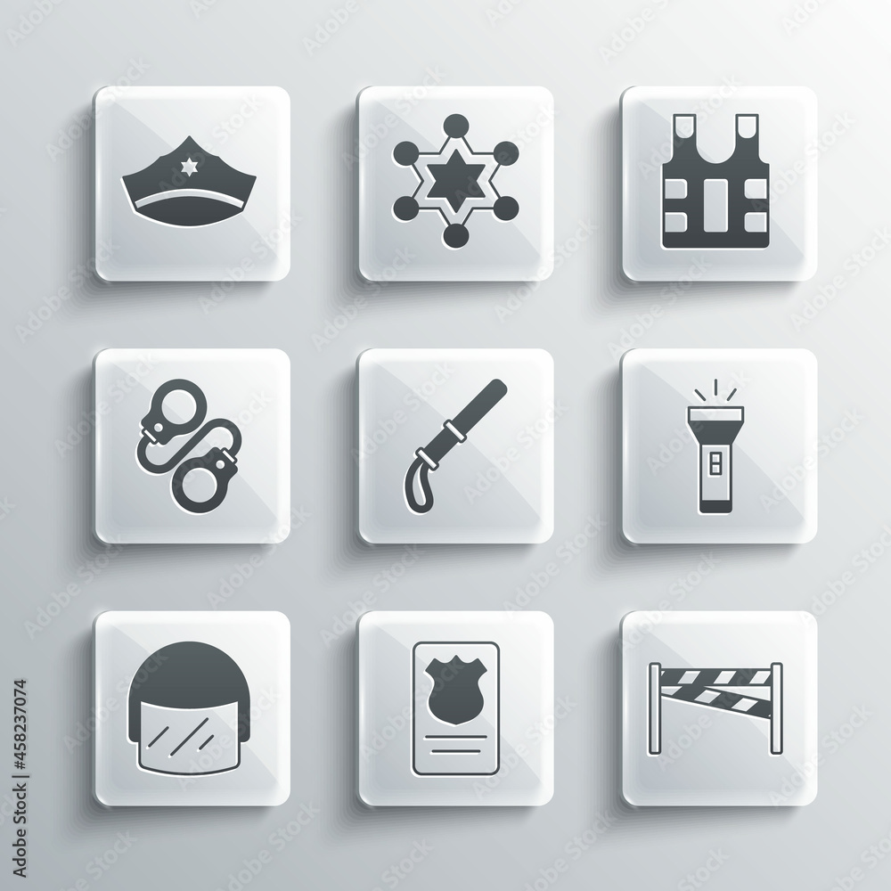 Set Police badge with id case, Crime scene, Flashlight, rubber baton, helmet, Handcuffs, cap cockade and Bulletproof vest icon. Vector Set Police badge with id case, Crime scene, Flashlight, rubber baton, helmet, Handcuffs, cap cockade and Bulletproof vest icon. Vector