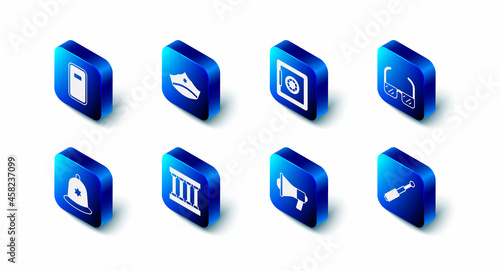 Set Police cap with cockade, Safe, Safety goggle glasses, Telescopic baton, Megaphone, Prison window, British police helmet and assault shield icon. Vector