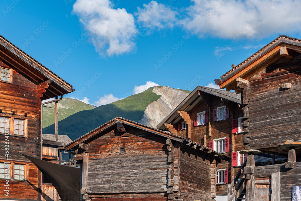 Historic center of Bellwald with typical Valais wooden houses
