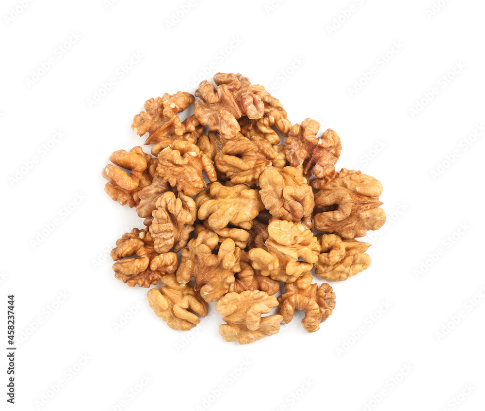 Pile of peeled walnuts on white background, top view Pile of peeled walnuts on white background, top view