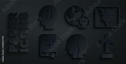 Set Bipolar disorder, Rorschach test, Psychology book, Psi, Graves funeral sorrow, Psychology, and Solution to the problem icon. Vector
