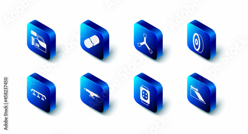 Set Broken skateboard deck, Skateboard Y-tool, ball bearing, park, Knee pads, wheel, stairs with rail and Cinema camera icon. Vector