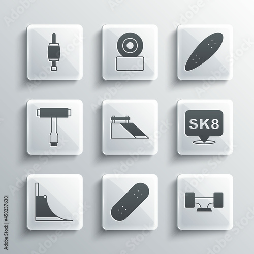 Set Skateboard, wheel, park, T tool, Screwdriver and Longboard or skateboard icon. Vector