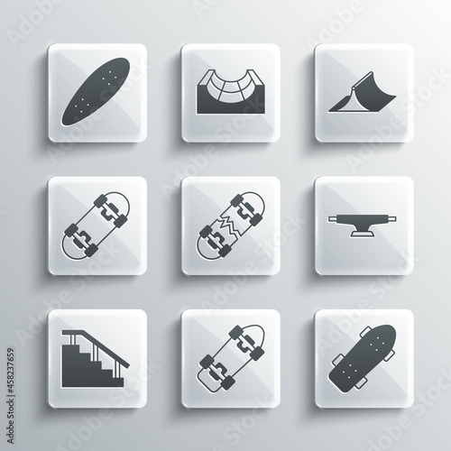 Set Skateboard, wheel, Broken skateboard, stairs with rail, Longboard or and park icon. Vector