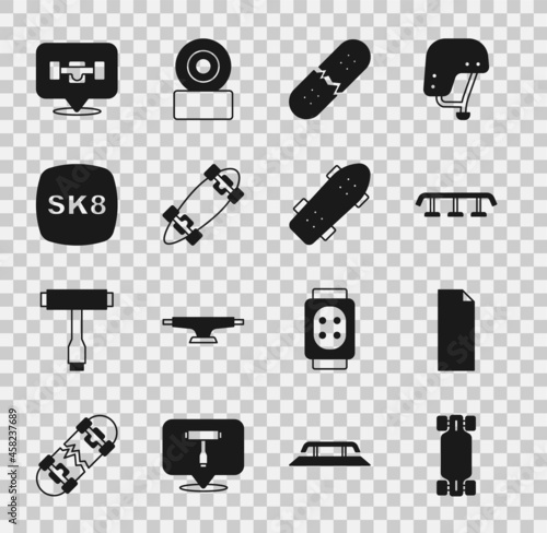 Set Longboard or skateboard, Grip tape, Skateboard stairs with rail, Broken deck, wheel and icon. Vector