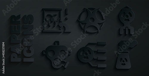 Set Radioactive, Nuclear bomb, Gas mask, power plant, Biohazard symbol and waste in barrel icon. Vector
