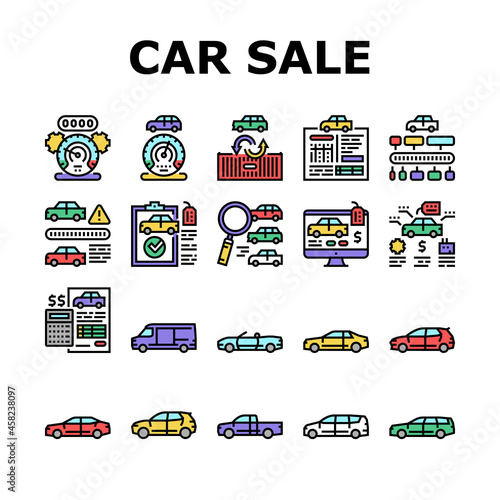 Used Car Sale Automobile Service Icons Set Vector. Used Car Import And Selling, Checking Vine Code And History Line. Cargo Van And Truck, Suv And Sedan Buying Online Color Illustrations
