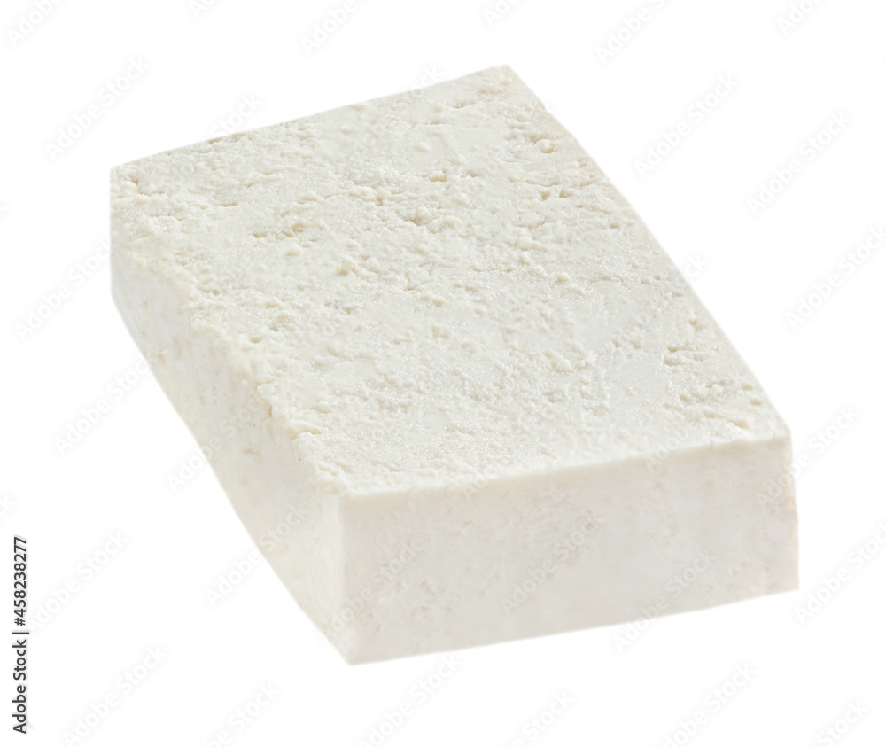 Feta cheese block isolated on white background. Greek soft salty cheese