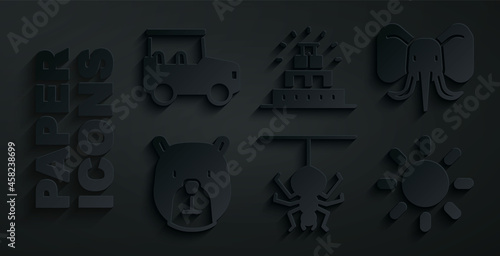 Set Spider, Elephant, Bear head, Sun, Chichen Itza in Mayan and Safari car icon. Vector
