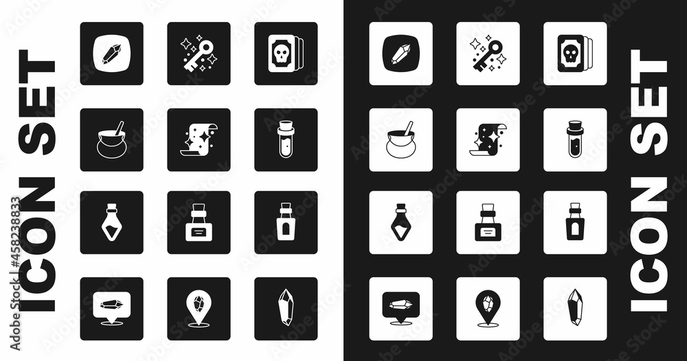 Set Tarot cards, Magic scroll, Witch cauldron, stone, Bottle with potion, Old magic key, and icon. Vector Set Tarot cards, Magic scroll, Witch cauldron, stone, Bottle with potion, Old magic key, and icon. Vector