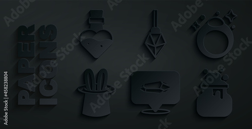 Set Magic stone, ring, Magician hat and rabbit ears, Witch cauldron, and Bottle with potion icon. Vector