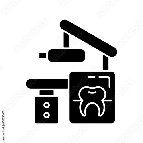 Dental x-ray equipment black glyph icon. Capturing patient mouth in one image. Radiographic procedure. Dental imaging technology. Silhouette symbol on white space. Vector isolated illustration