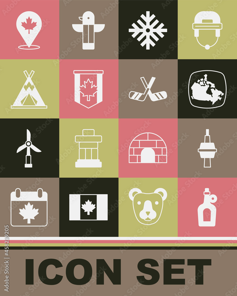 Set Bottle of maple syrup, TV CN Tower in Toronto, Canada, Snowflake, Pennant flag, Indian teepee wigwam, Canadian leaf and Ice hockey sticks icon. Vector Set Bottle of maple syrup, TV CN Tower in Toronto, Canada, Snowflake, Pennant flag, Indian teepee wigwam, Canadian leaf and Ice hockey sticks icon. Vector