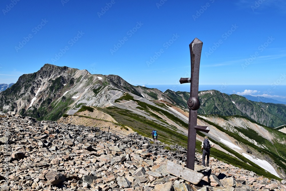 小蓮華岳山頂から眺める白馬岳、山頂の鉄剣と登山客