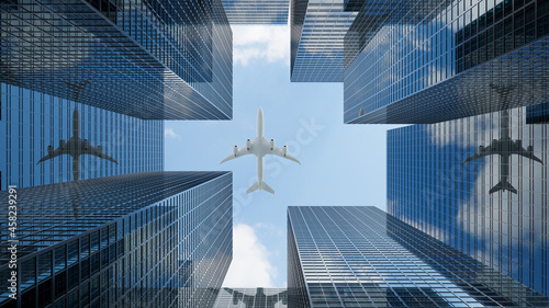 3D rendering glass buildings with air plane on blue sky background.