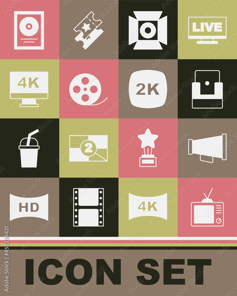 Set Retro tv, Megaphone, Cinema chair, Movie spotlight, Film reel, Screen with 4k, CD disk award frame and 2k Ultra HD icon. Vector Set Retro tv, Megaphone, Cinema chair, Movie spotlight, Film reel, Screen with 4k, CD disk award frame and 2k Ultra HD icon. Vector