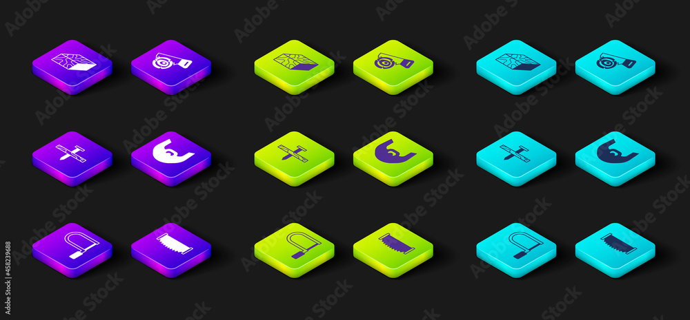 Set Hacksaw, Two-handed, Metallic nail, Mustache beard, Hand log and Wooden beam icon. Vector Set Hacksaw, Two-handed, Metallic nail, Mustache beard, Hand log and Wooden beam icon. Vector