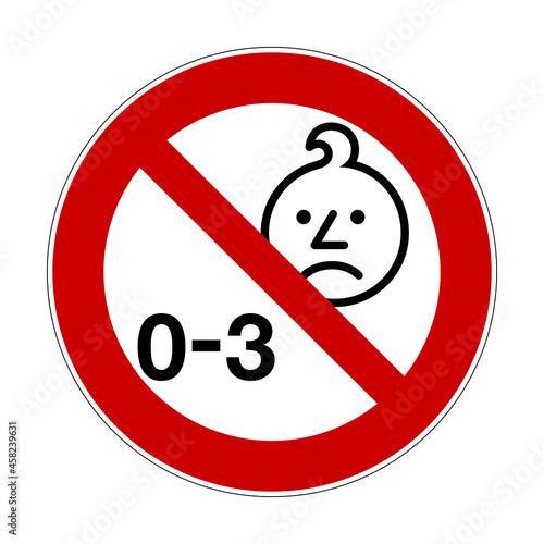Age warning symbol. Vector illustration of red crossed out circle sign with baby face. Forbidden for children from 0 to 3 years old. Label used on toys or goods. Caution for parents.