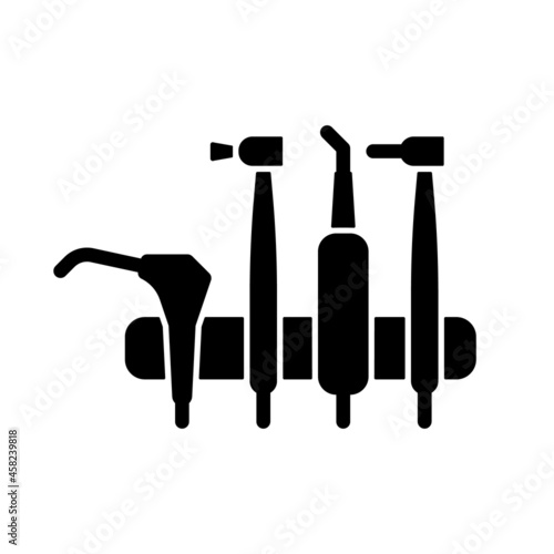 Dental machine unit black glyph icon. Medical tools for dentist. Orthodontic instruments. Equipment for manipulating with teeth. Silhouette symbol on white space. Vector isolated illustration