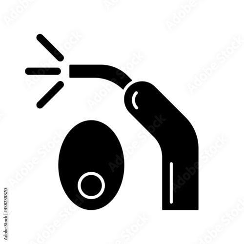 LED curing light black glyph icon. Handheld device. Hardening tooth filling. Dental equipment. Blue light exposure. Teeth whitening. Silhouette symbol on white space. Vector isolated illustration