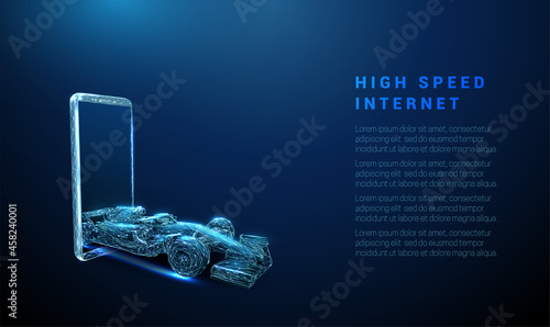Abstract blue mobile phone and race car moving from smart phone.