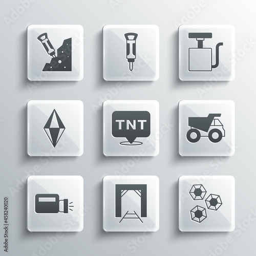 Set Mine entrance, Gem stone, Mining dump truck, Dynamite, Flashlight, Construction jackhammer and Handle detonator icon. Vector