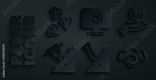 Set Construction jackhammer, Gem stone, Gas mask, and icon. Vector