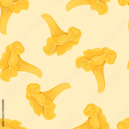 Chanterelle mushrooms seamless pattern. Vector yellow food background. Cartoon flat illustration.