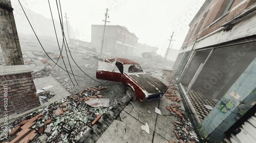 Vintage muscle car in an abandoned and destroyed city in the mist. 3D render. High angle view.