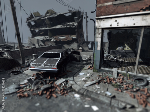 Vintage muscle car in an abandoned and destroyed city. 3D render.