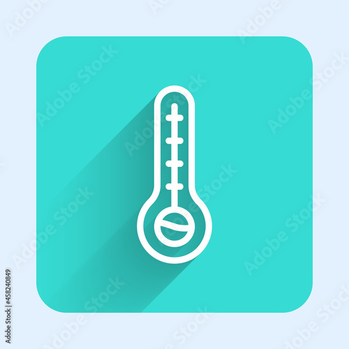White line Meteorology thermometer measuring heat and cold icon isolated with long shadow background. Thermometer equipment showing hot or cold weather. Green square button. Vector