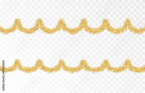 Vector Christmas tinsel. Gold tinsel png, gold garland, decor element. Christmas, holiday.